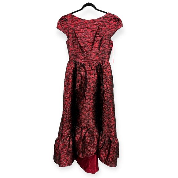 Mac Duggal NEW High Neck Brocade Short Sleeve Bubble Hem Dress Ruby $598 Size 10 - Picture 6 of 14